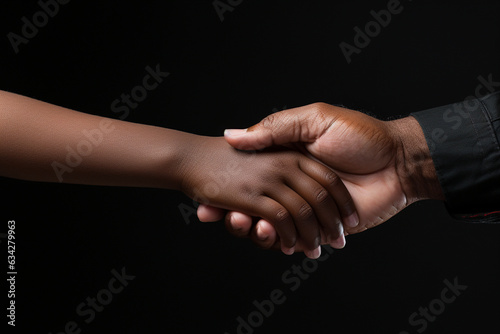 A child's hand holding a helping hand of an adult, representing teamwork, learning, and growing together 