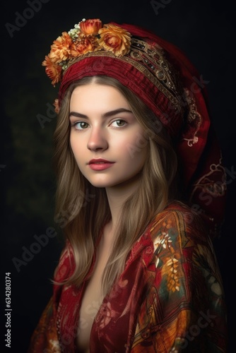 studio shot of an attractive young woman wearing a headdress
