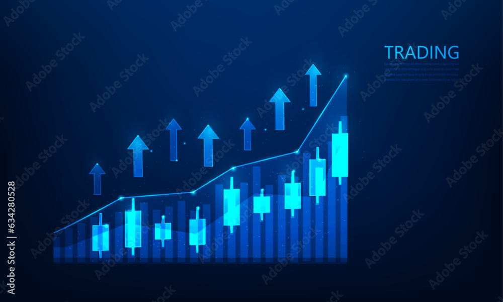 business graph trading of stock market investment on blue background. chart finance candlestick and arrow growth. economy trend rising to success. vector illustration fantastic design. business graph trading of stock market investment on blue background. chart finance candlestick and arrow growth. economy trend rising to success. vector illustration fantastic design.