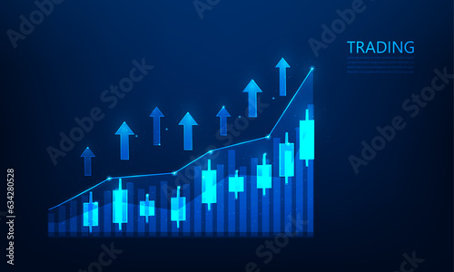 business graph trading of stock market investment on blue background. chart finance candlestick and arrow growth. economy trend rising to success. vector illustration fantastic design.