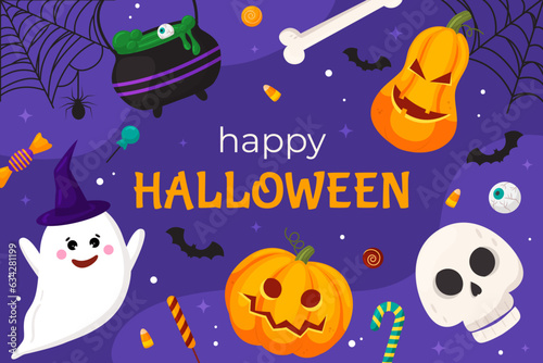 Vector happy Halloween banner template. Holidays background. Cartoon orange pumpkin, witch hat, bats, ghosts, candy, scull on violet. Backdrop, flyer, poster for event.