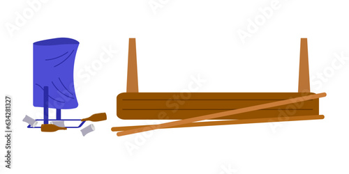 Vandalism actions on street harm property damage. An overturned urn with scattered garbage and a broken bench. Vector flat illustration.
