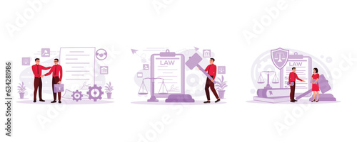 Businessman shaking hands for a deal symbol with a colleague attorney, Holding Consultant Signing Business Agreement, attorney consultant client, and judge convincing with a wooden gavel.