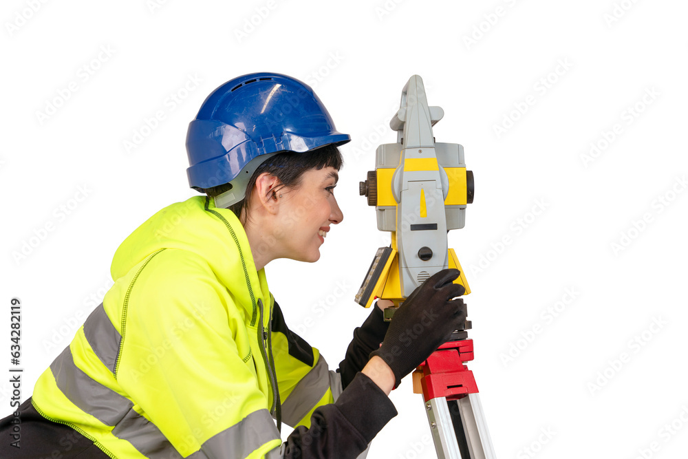 Woman in blue hard hat and yellow protective clothes land surveyor working with modern surveying geodesic instrument tachometer checking coordinates. Young woman working in construction industry Woman in blue hard hat and yellow protective clothes land surveyor working with modern surveying geodesic instrument tachometer checking coordinates. Young woman working in construction industry