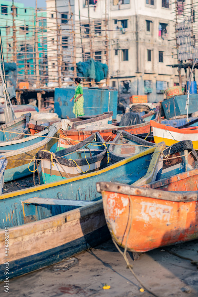 fishing boats in Mumbai, colourful