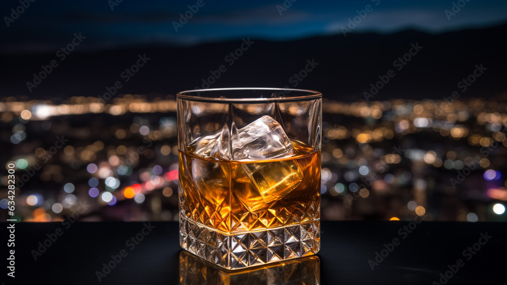 A glass of whiskey on ice with a stunning night view of the city in the background