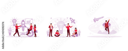 New business project starting development, financial analyst or clerk in business attire, businessman flying on a jetpack. Set Trend Modern vector flat illustration