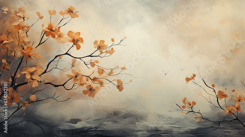 autumn blurred background, morning forest in a sunny fog yellow fall leaves, drawing layer painting