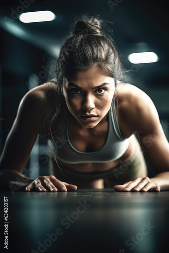 shot of a young woman doing push ups in a gym