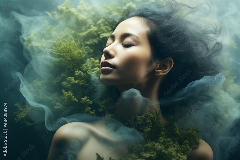 person surrounded by nature, emphasizing the synergy between environmental awareness and the pursuit of Asian perfect skin - obrazy, fototapety, plakaty 