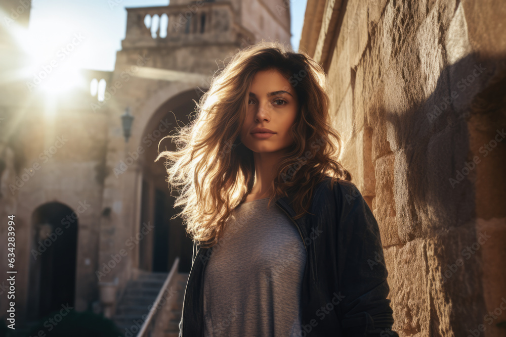 Naklejka premium Pensive female tourist in front of a landmark. Generative AI.