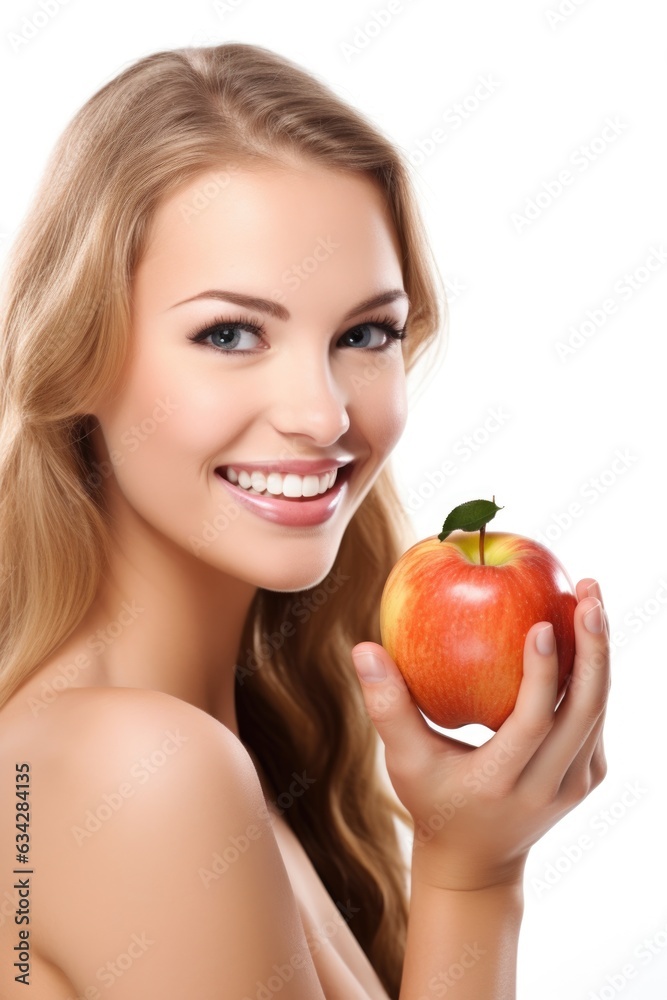 closeup studio shot of a young woman holding an apple isolated on white closeup studio shot of a young woman holding an apple isolated on white