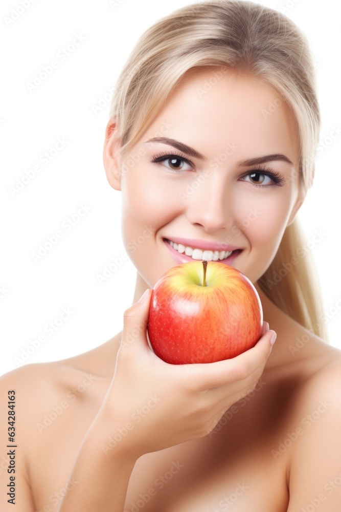 closeup studio shot of a young woman holding an apple isolated on white closeup studio shot of a young woman holding an apple isolated on white
