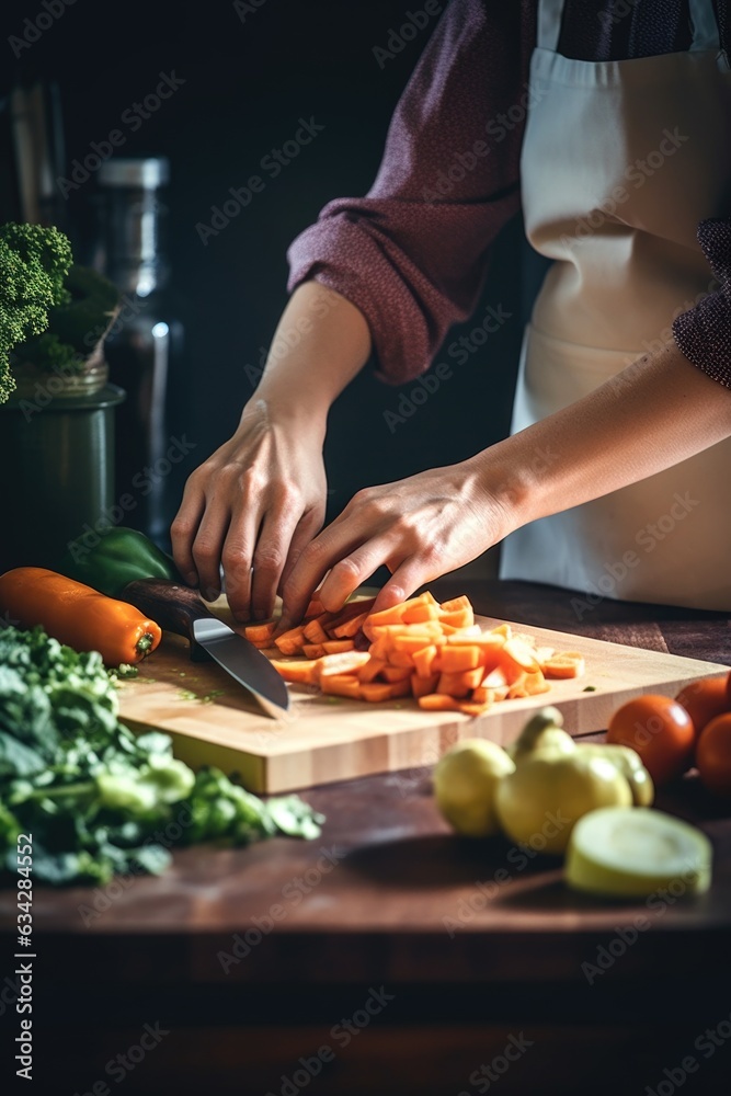 cropped shot of an unrecognizable woman chopping vegetables in a kitchen