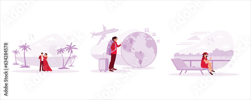 A newlywed couple is enjoying their honeymoon off the coast, a young man is preparing to travel around the world, and a young woman is sitting by the pool and enjoying the view of a luxury resort.