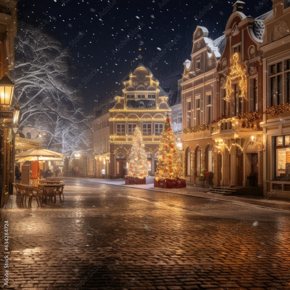 historic town square adorned with festive lights as a background to commemorating Christmas