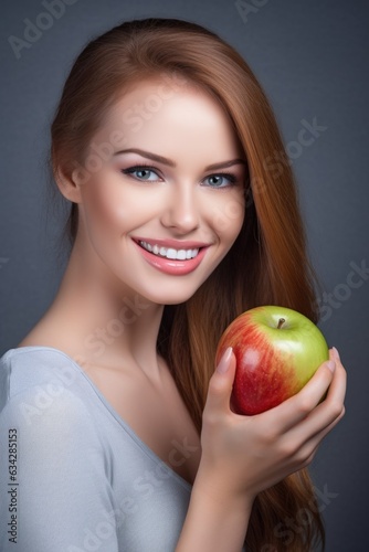 portrait of a beautiful woman holding an apple against a grey background
