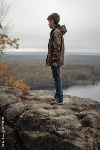 cropped shot of a young boy standing on the edge of a cliff