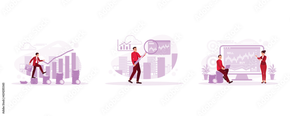 Businessman walking on stacked coins, using a magnifying glass to look at the financial chart, woman and man presenting a financial investment graph. Set Trend Modern vector flat illustration Businessman walking on stacked coins, using a magnifying glass to look at the financial chart, woman and man presenting a financial investment graph. Set Trend Modern vector flat illustration