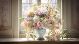  a vase of flowers sitting on a table in front of a window.  generative ai