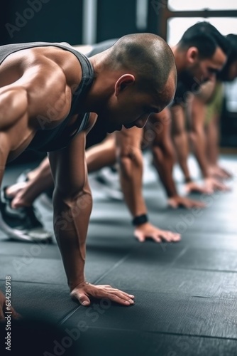 closeup shot of a group of people doing push ups together during their workout at the gym