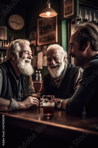 three good friends talking over drinks at a pub and enjoying the music