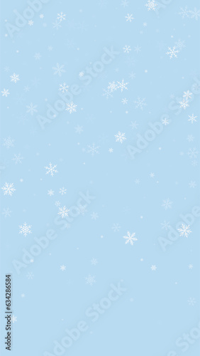 Snowy christmas background. Subtle flying snow flakes and stars on light blue winter backdrop. Delicate sweet snowy christmas. Vertical vector illustration.