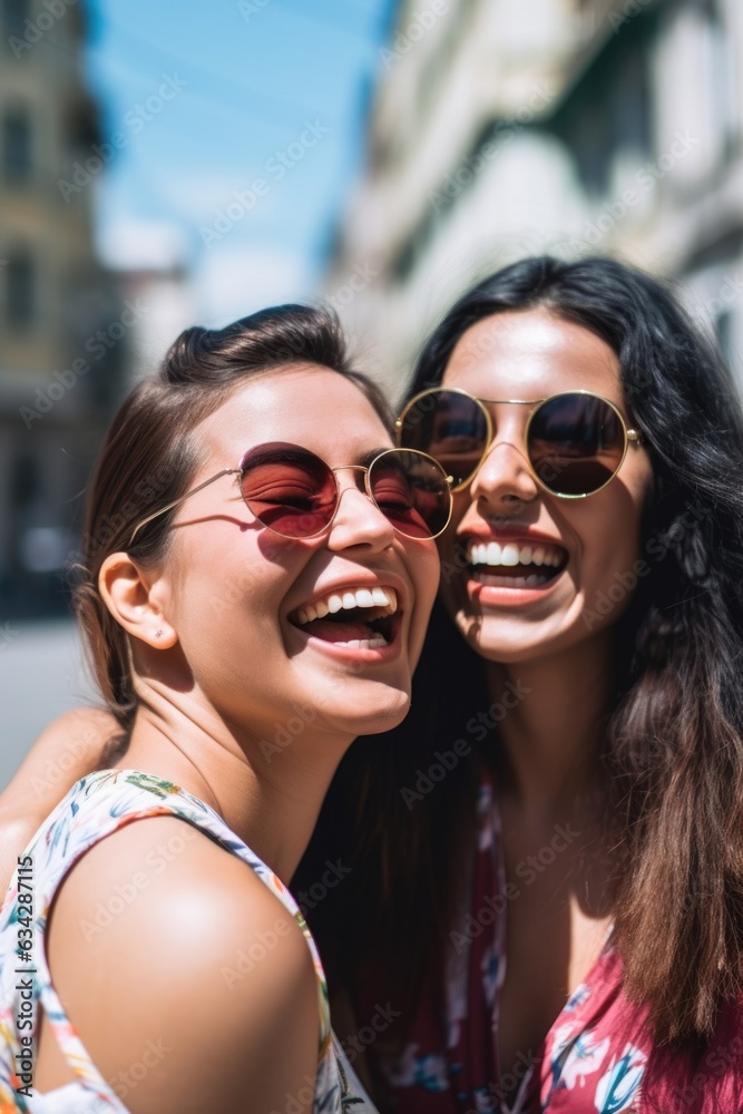 happy, laughing and portrait of women in the city for friendship bonding on vacation