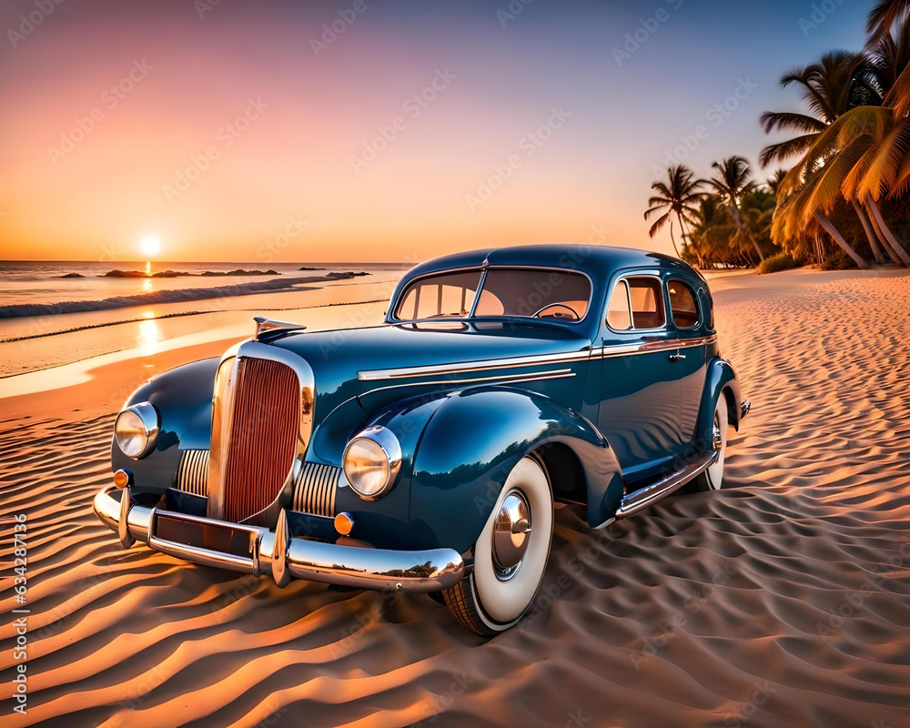 a 1942´s classic car on a beach - generative ai