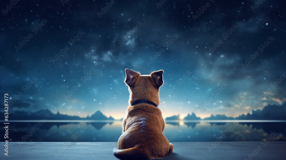 dog view from the back sitting and looking at the stars in the night sky. - obrazy, fototapety, plakaty 