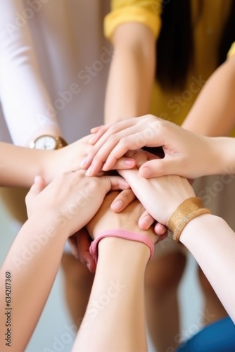 education, hands and support of friends for teamwork, teamwork or collaboration at college