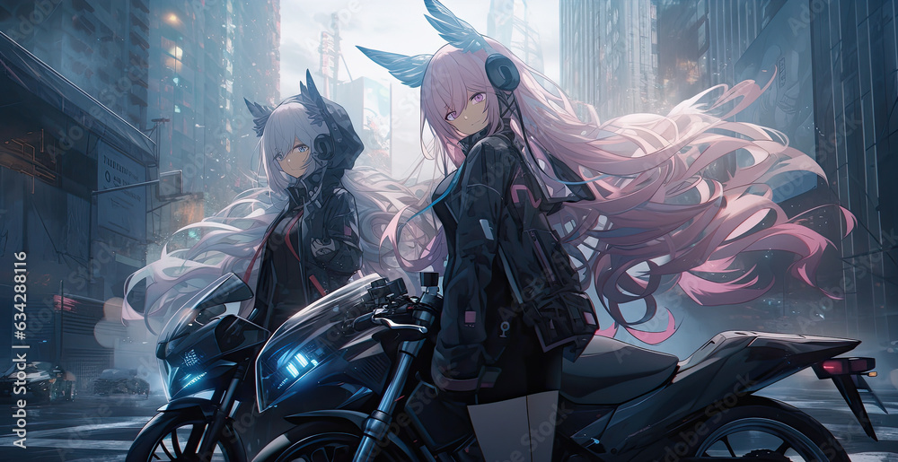 Two female friends with their high tech superbike outdoor in a big futuristic dystopian city - Generative AI