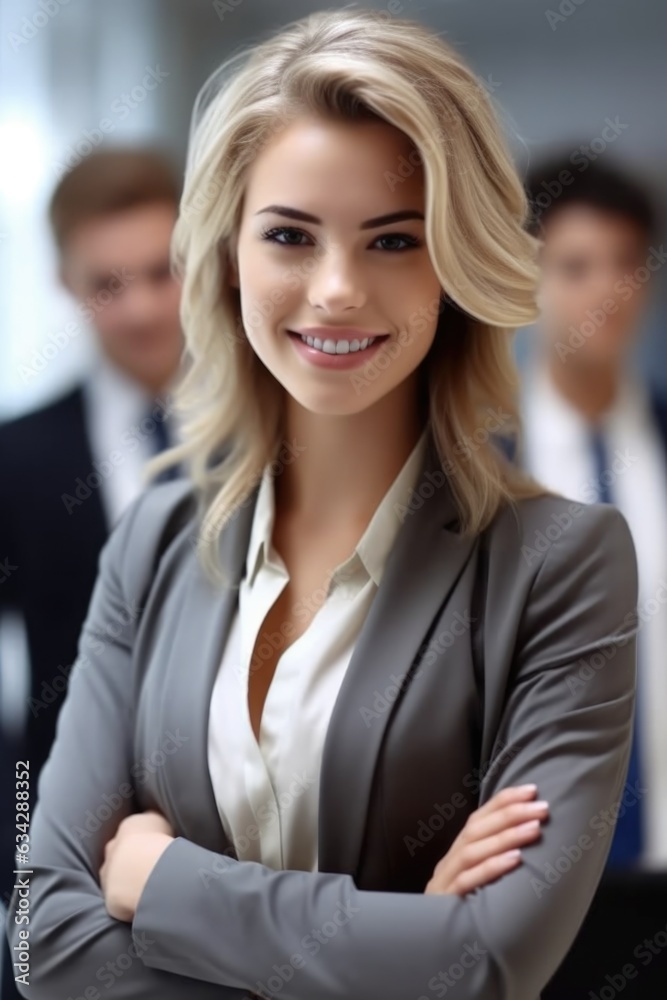 attractive young businesswoman smiling at the camera while her colleagues work in the background attractive young businesswoman smiling at the camera while her colleagues work in the background