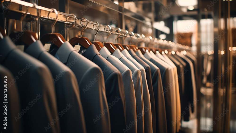 Nice suits hanging neatly on hangers in a classic tailor shop