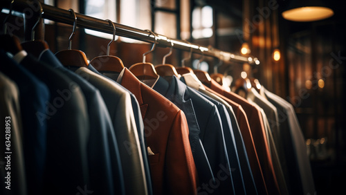 Nice suits hanging neatly on hangers in a classic tailor shop photo