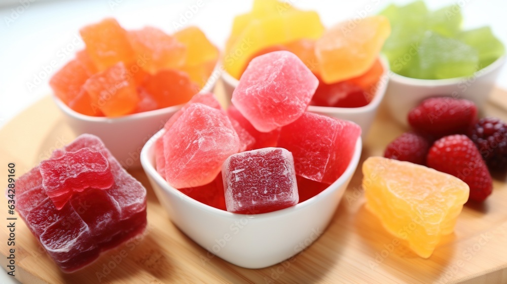  a wooden tray topped with bowls filled with gummy bears.  generative ai