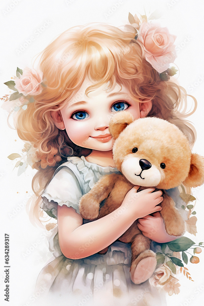 Beautiful little girl with a teddy bear on a white background. Cartoon ...