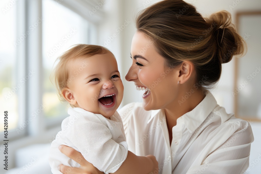 Happy modern and beautiful mother, she laughing with her baby. created by generative AI technology. Happy modern and beautiful mother, she laughing with her baby. created by generative AI technology.