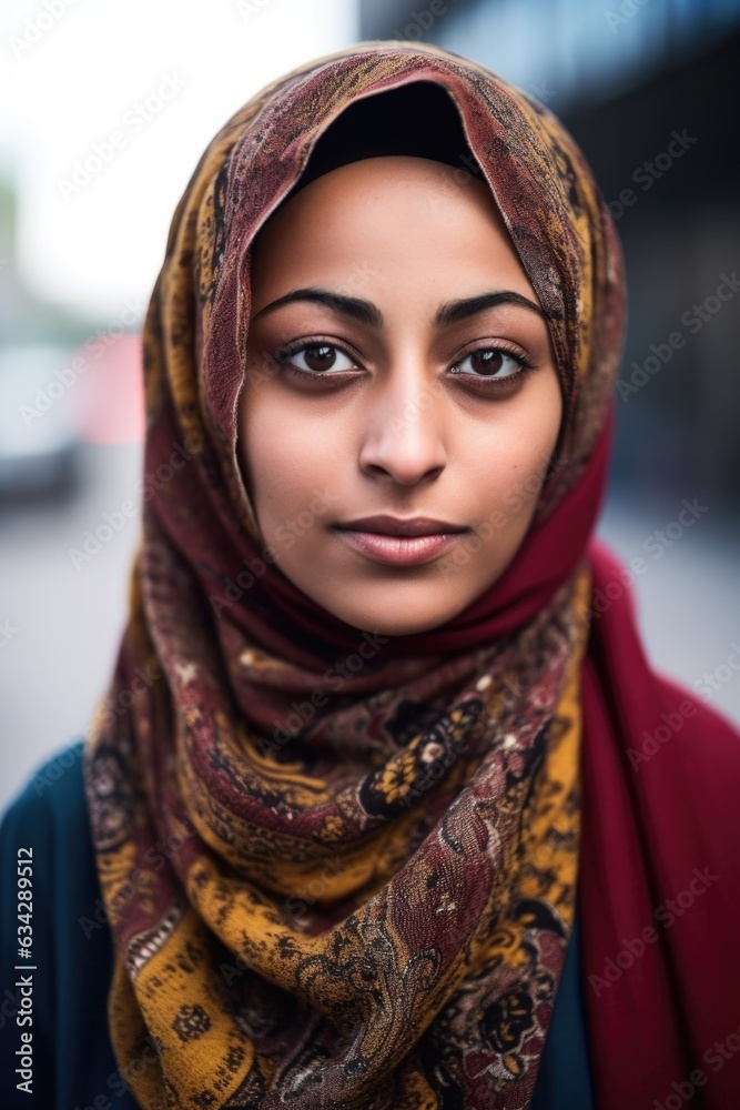 shot of a young muslim woman with her hair covered by a scarf against an urban background