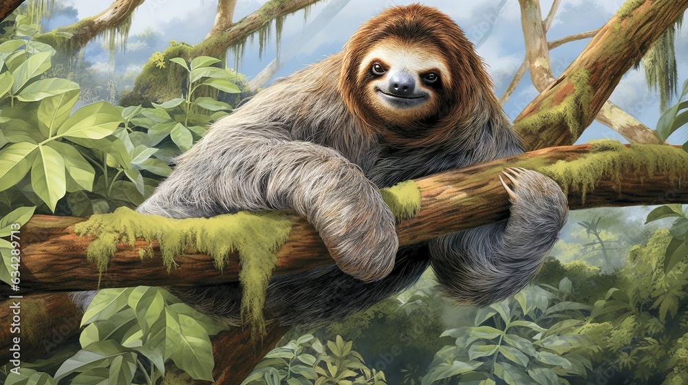 Fototapeta premium a painting of a sloth hanging on a tree branch. generative ai