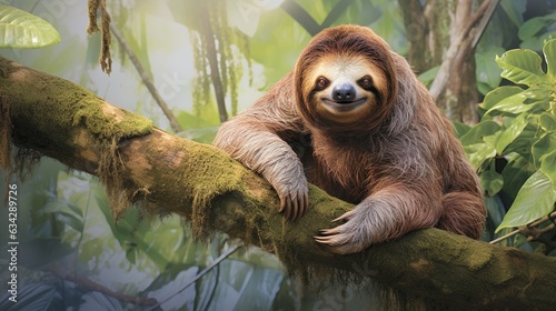  a brown and white sloth sitting on a tree branch.  generative ai