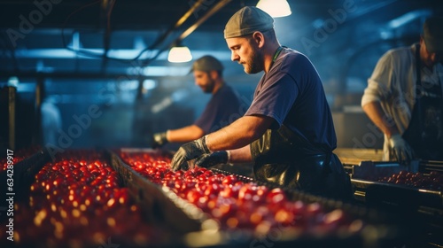 Workers sort tomatoes on a conveyor belt in a tomato factory. The food industry focuses on tomatoes.
