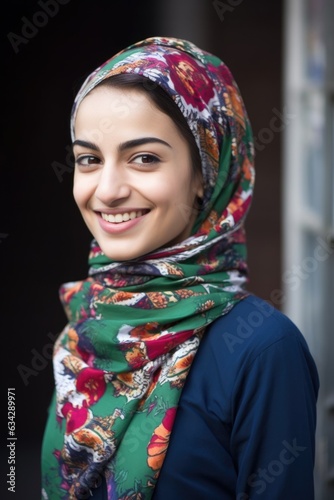 portrait of a young muslim woman smiling and holding her head scarf