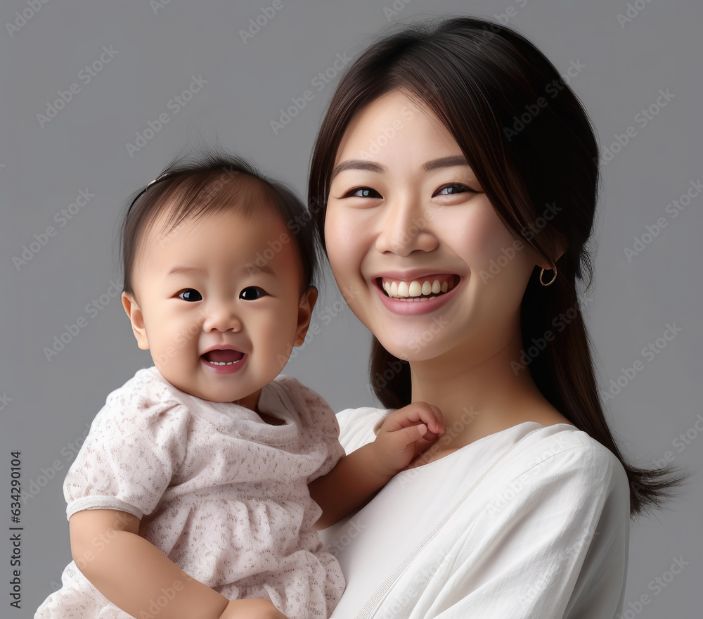 Japanese woman holds her baby with a beautiful smile. created by generative AI technology. Japanese woman holds her baby with a beautiful smile. created by generative AI technology.