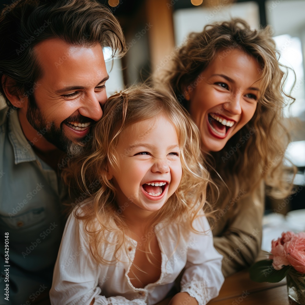 Happy modern and beautiful mom and young handsome dad, they laughing ...