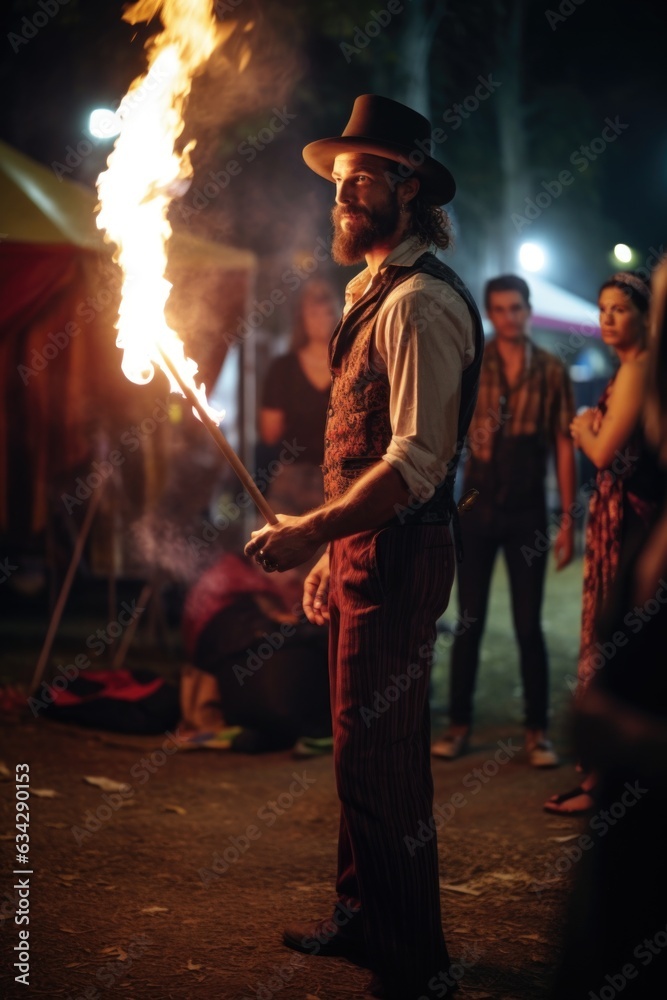 shot of a man standing next to a fire performer