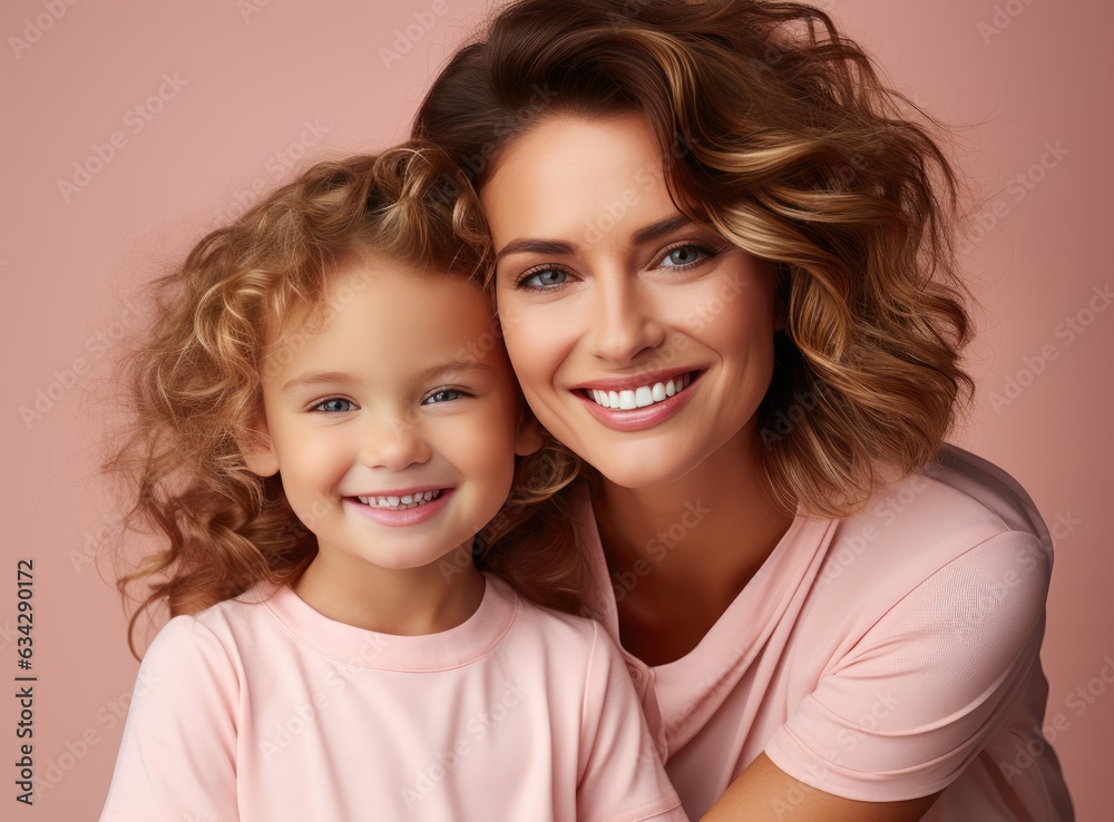 Happy modern and beautiful mother, she smiling with her baby. studio photos. pink background. created by generative AI technology. Happy modern and beautiful mother, she smiling with her baby. studio photos. pink background. created by generative AI technology.