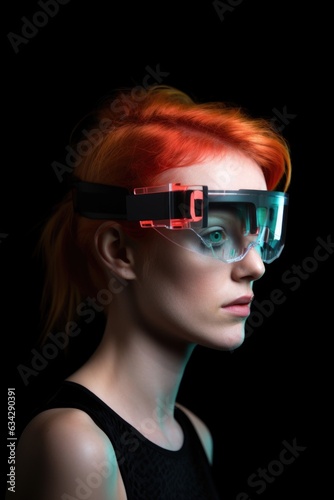 studio shot of an attractive young woman wearing futuristic glasses against a dark background © Natalia