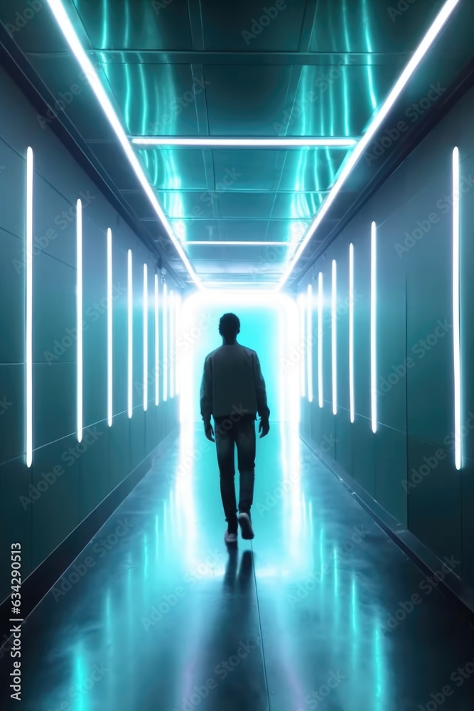 shot of a young man walking down a futuristic hallway in