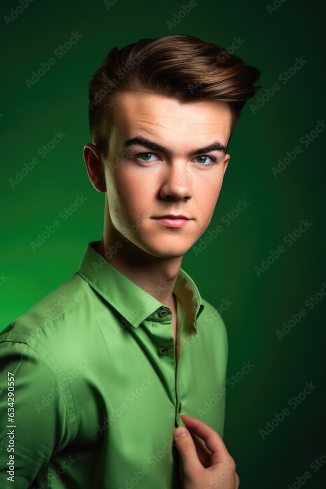 studio portrait of a stylish young man posing against a green background studio portrait of a stylish young man posing against a green background